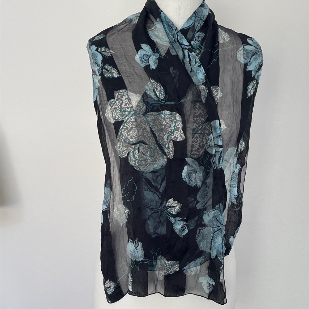 VINTAGE MARC ROZIER Sheer Black Silk Scarf with Blue Rose Floral Print
